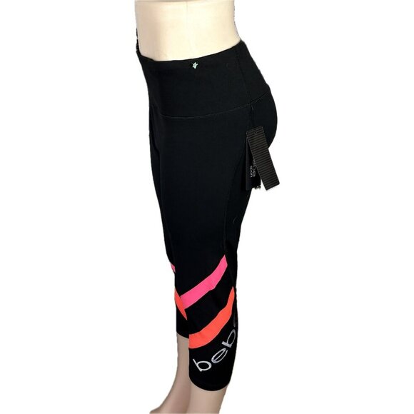 Bebe + 1X Black Logo Stretch Waist Seam Detail Striped Accent Crop Leggings - Picture 5 of 6